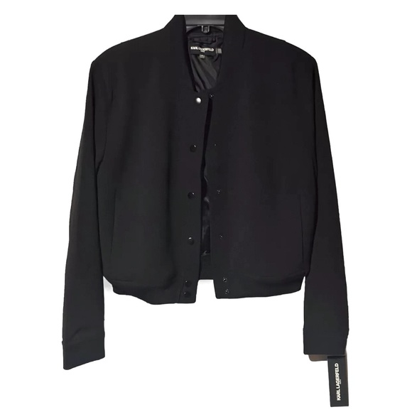 Karl Lagerfeld Paris Cropped Bomber Black Jacket Size 8 - Picture 1 of 7